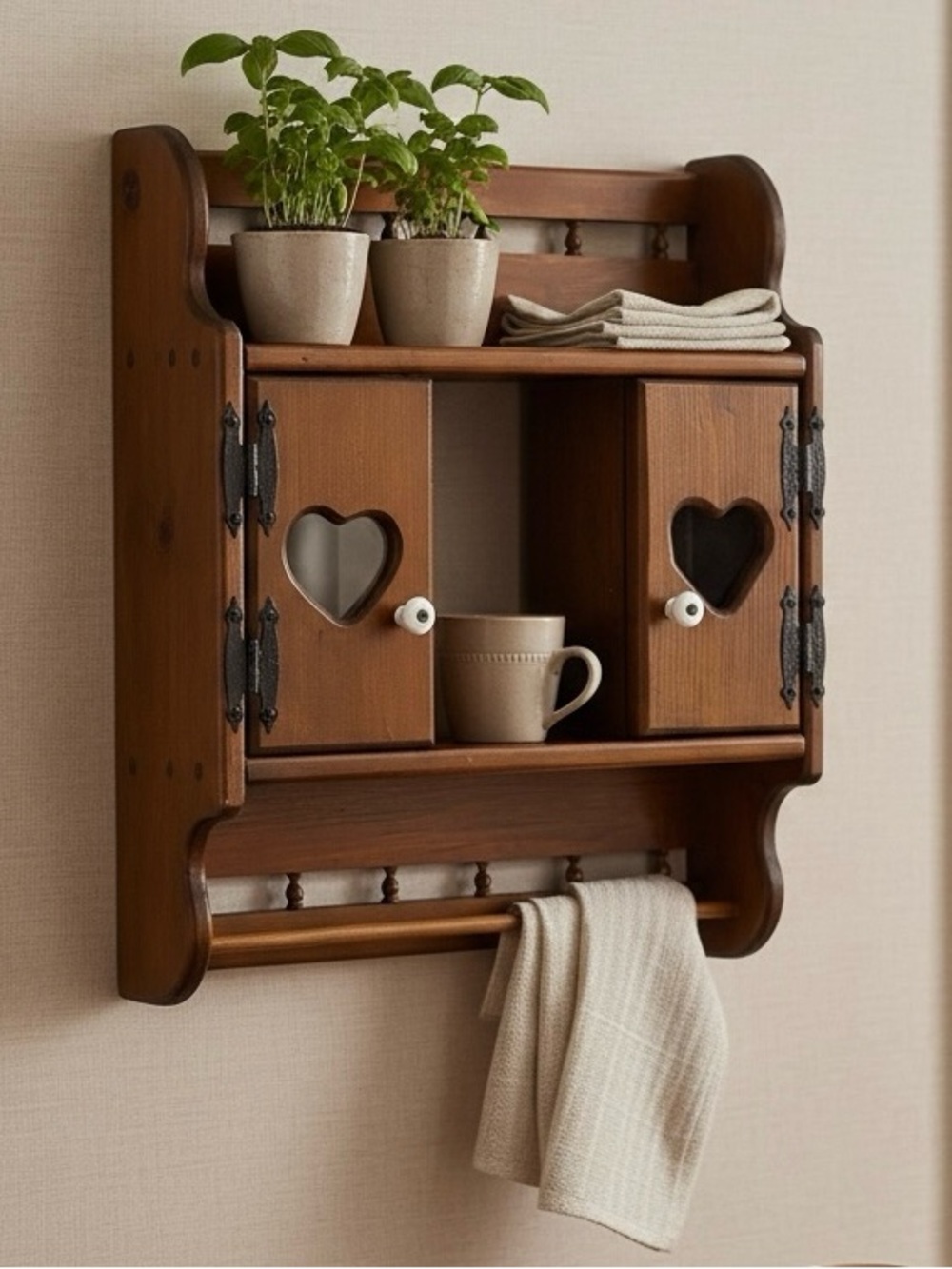 Vintage Larger Wood Hanging Wall Shelf Cabinet Display Hearts Farmhouse Cottage - Picture 13 of 13